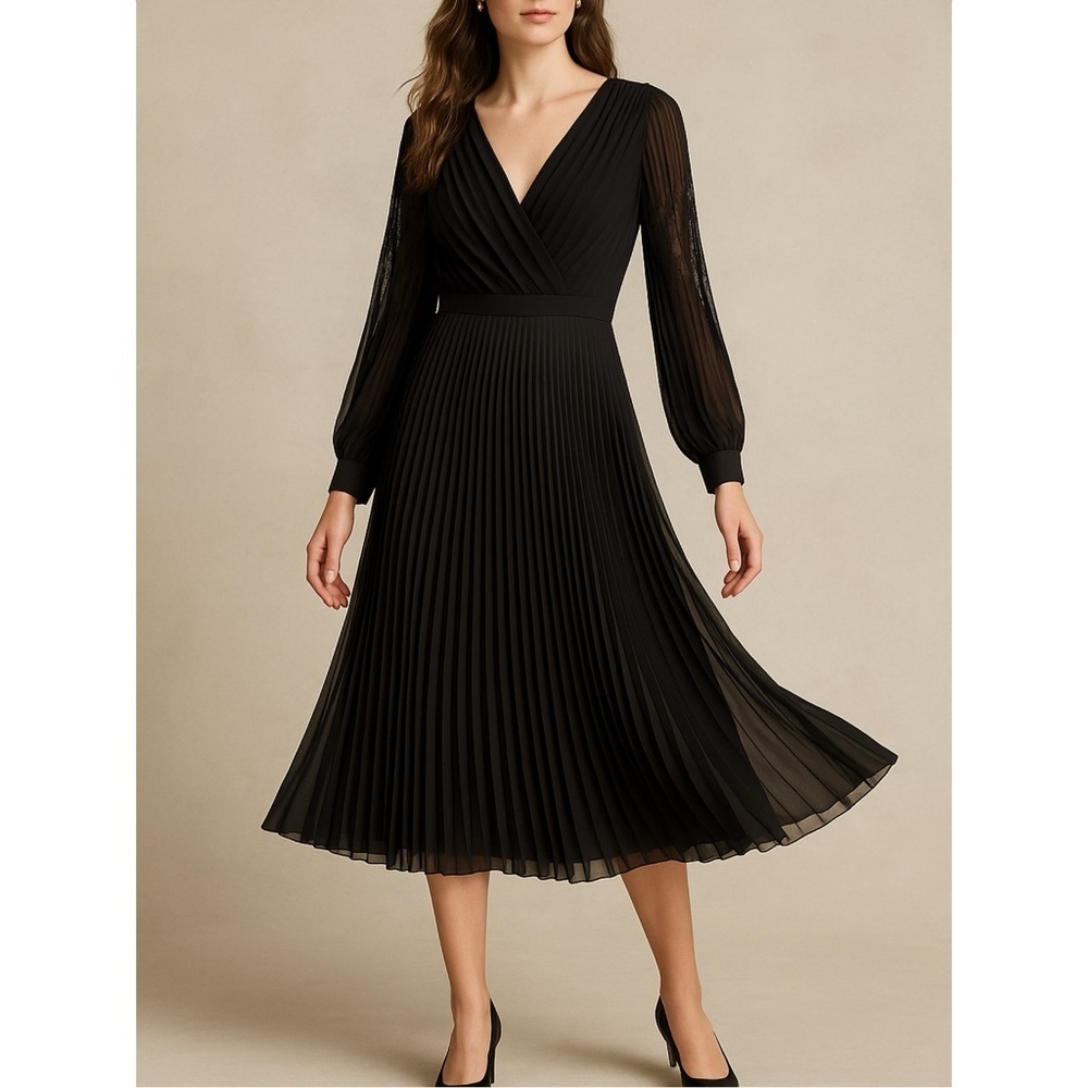 Boutique Moschino Black Pleated Chiffon Midi Dress Lace Sleeve Wrap Bodice 8